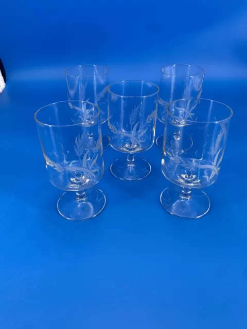 Set Of 5 Vintage Wheat Etched Goblet - 10oz - 6" tall Water Wine Glass MCM 60s