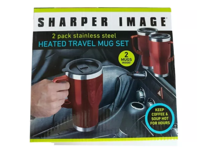 Sharper Image 2 Pack Stainless Steel Heated Travel Mug Set Red 14oz 12V NEW