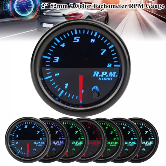 2'' 52mm 7 Color LED Car Motor 0-8000 RPM Tachometer Tacho Gauge Meter Universal