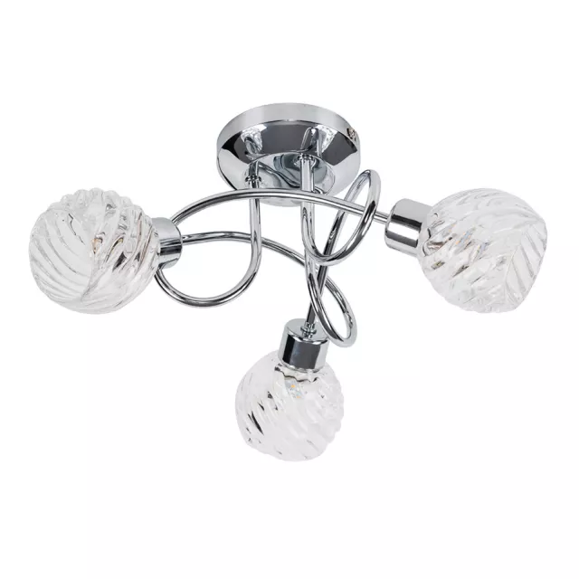 Modern Chrome 3 Way Ceiling Light Fitting Glass Shades Swirl Design LED Bulb