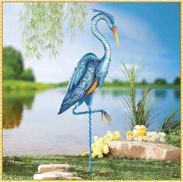 METAL HERON CRANE Garden Stake Coastal Bird Statue Outdoor Pond Art