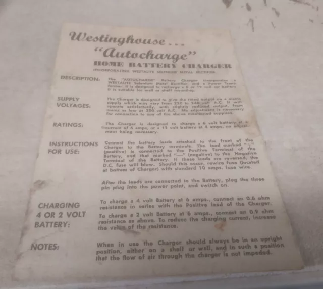 1950s WESTINGHOUSE AUTOCHARGE Battery Charger Instructions