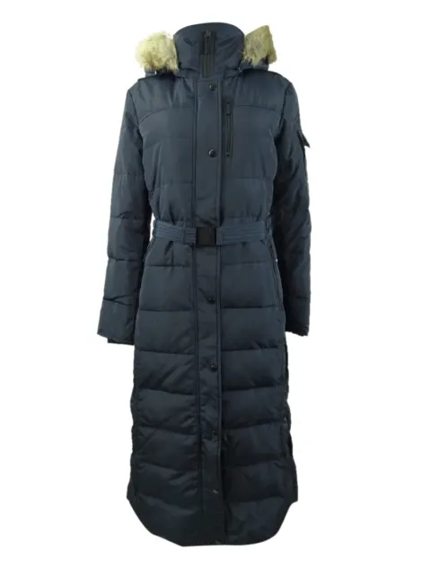 Michael Michael Kors Women's Belted Faux-Fur Trim Hooded Coat (M, Navy)