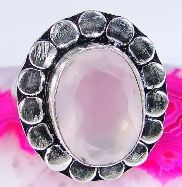 Pink Jade & 925 Silver Handmade Beautiful Ring Size P & gift-box