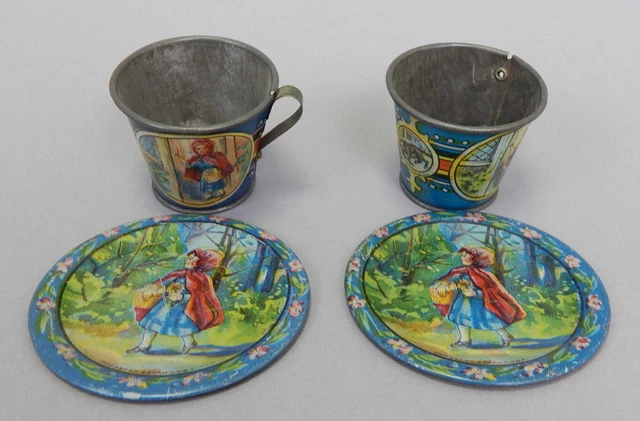 1930s Vintage Ohio Art tin litho Little Red Riding Hood teacup lot dollhouse