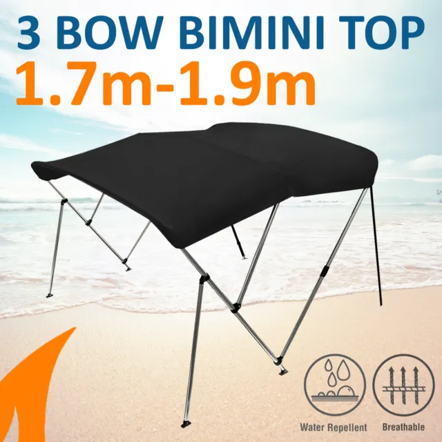 3 Bow 1.7m-1.9m Black Boat Bimini Top Canopy Cover w/ Rear Poles & Sock