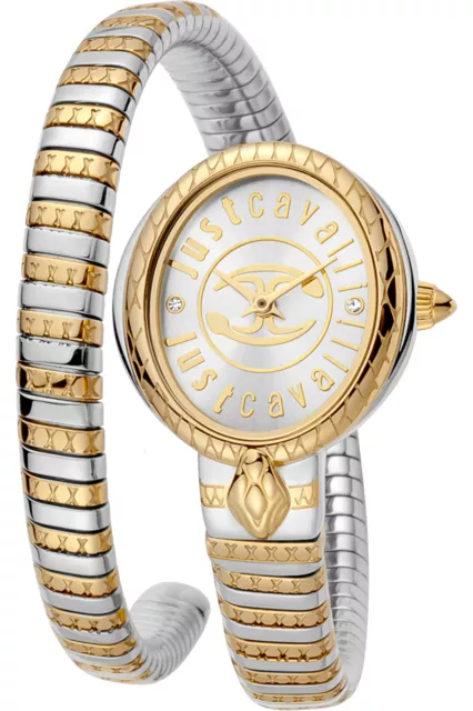 Just Cavalli JC1L152M0055 Glam Chic Snake plata oro acero inoxidable reloj para mujeres NUEVO