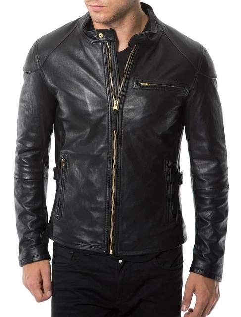 Hombre Cuero Auténtico Cazadora Motero Moto Piel de Cordero Negro Ajustado 02