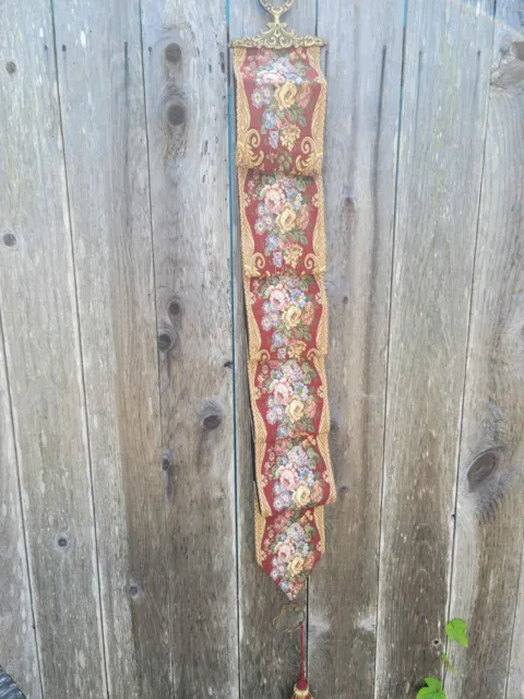 VINTAGE DECOR TAPESTRY POCKETED WALL HANGING SERVANT BELL PULL BRASS Hardware