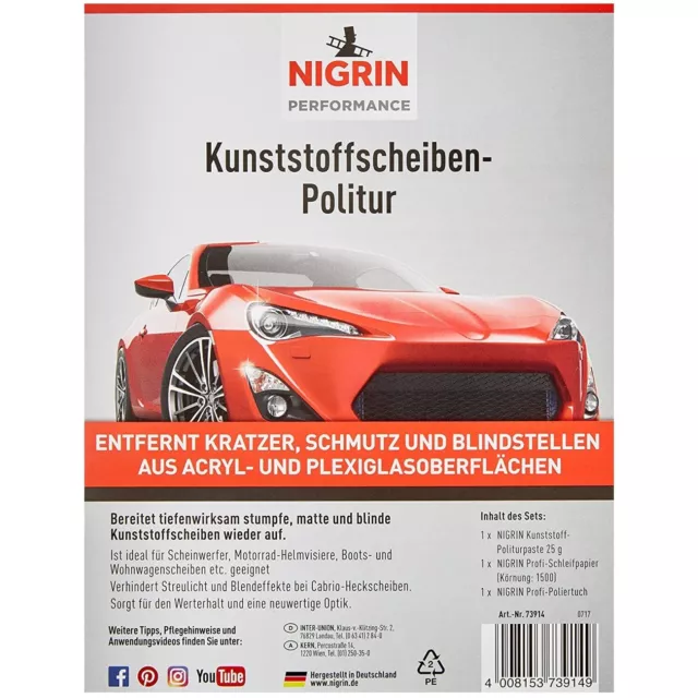 Nigrin Kunststoff-Politur Auto-Scheiben Acrílico Plexiglás Cabrio Coche Faro