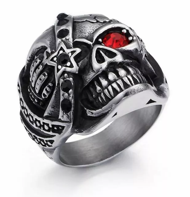 Anello Uomo Teschio Acciaio Inox Pirata Oro Argento Donna Motociclista Skull Red