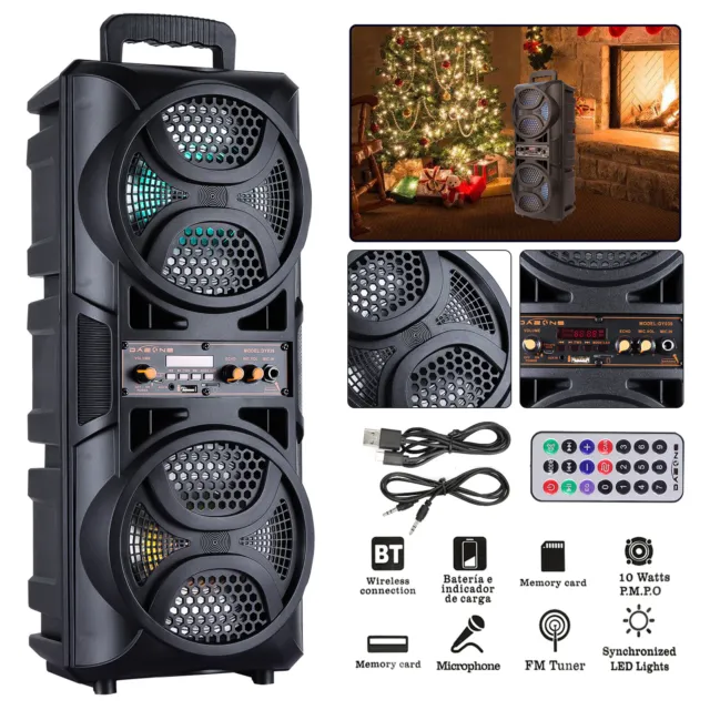 Dual 6.5" Woofer Portable BT Party Speaker Heavy Bass Sound System Remote FM LED