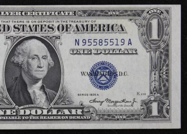 $1 1935A CU Non Mule Silver Certificate N95585519A series A macro bp 1041, one $
