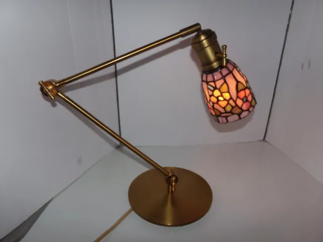 Vintage Solid Brass Gooseneck Stained Glass Shade Adjustable Table Lamp