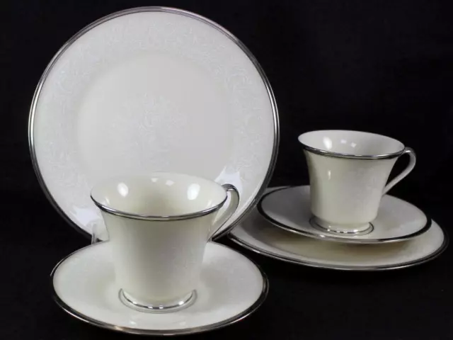 Lenox Porcelaine Moonspun 2 Tasse et Soucoupe Ensembles + 2 Salade Plaques Grand