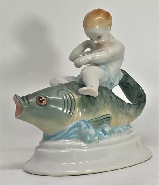 Vintage Herend, Putti Boy Riding On A Fish, Handpainted Porcelain Figurine
