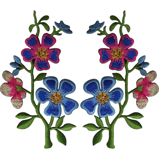 Pair of Pink Blue Flower Patches Iron On Sew On Flowers Embroidered Patch Badge