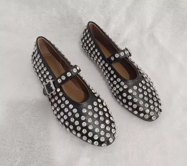 Black studded Ballet Flats With Buckle Rhinestone ballerina shoes Casual Wear