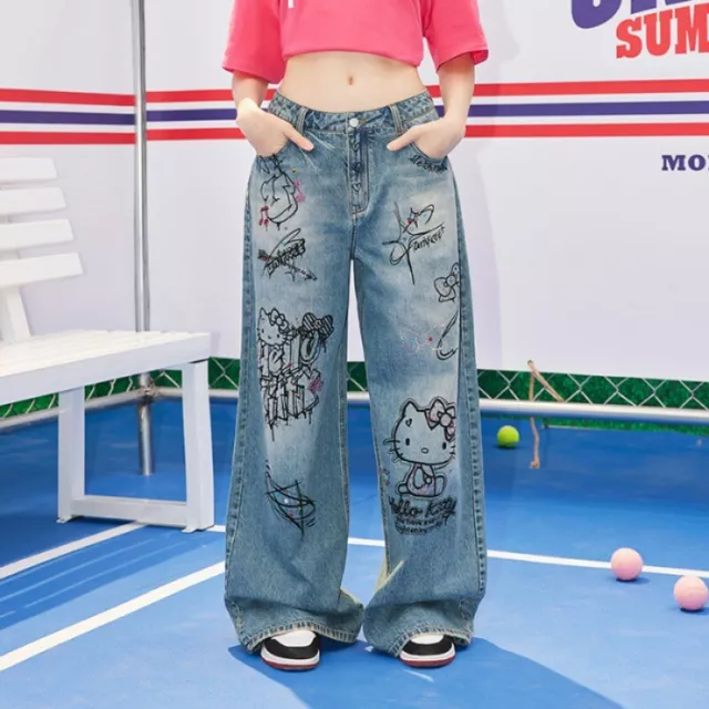 Sanrio Hot Diamond Hello Kitty Graffiti Women Jeans High Street Y2k Denim Pants