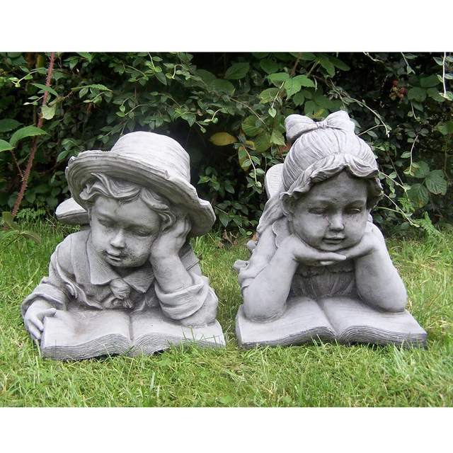 LARGE READING BOY And Girl Vintage Stone Effect Statues Patio Garden