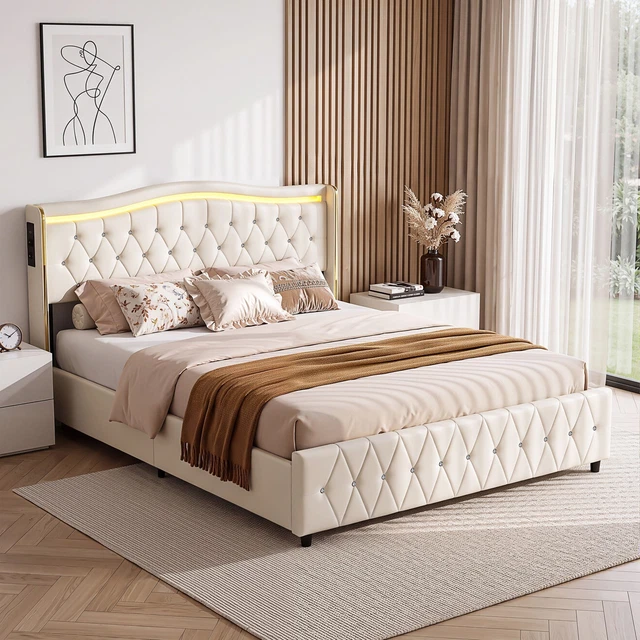 LED WINGBACK BED Chesterfield Frame Dresn Charging Luxury Headboard ...