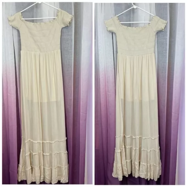 Miss Love Smocked Off Shoulder Cream Tiered Ruffle Maxi Dress Sz M