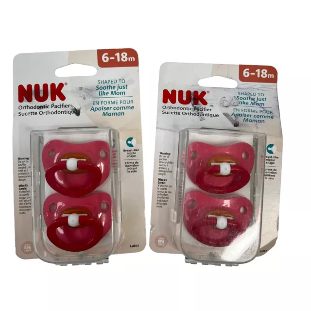Lot of 2 NUK Latex Orthodontic Pacifier 6-18 Months Pink 2 X 2 Pack BPA Free NEW