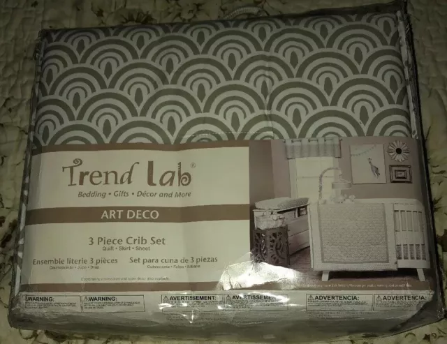 Trend Lab Art Deco 3 Pc Crib Set Bedding Gray White nursery Quilt, Skirt, Sheet