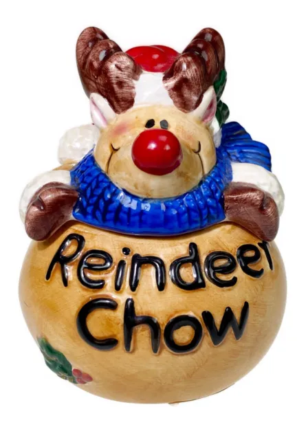 4.5” Reindeer Chow Food Ceramic Dish Container Christmas Holiday Figurine 2 Pc