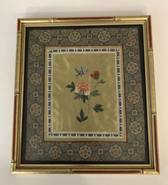 Vtg Gilt Bamboo Framed Asian Chinese Silk Floral Embroidery Panel 13" x 11.5"