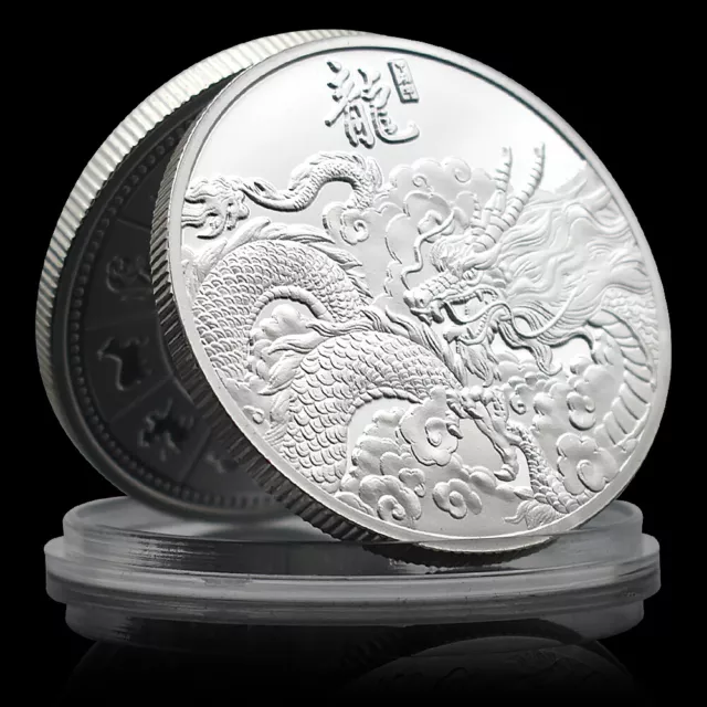 Dragon Silver Coin Chinese Zodiac Animal Collectibles Medal Bring Blessing Gift