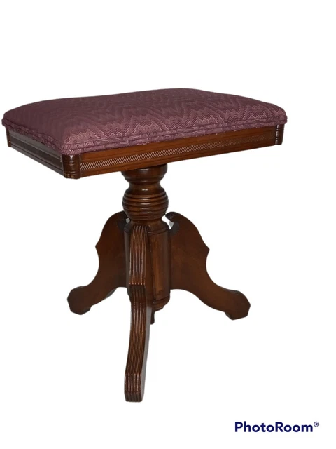 Vintage  Organ Piano Stool Upholstered Adjustable Seat Wood Splay Legs Label