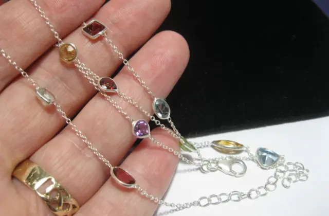 Sterling Silver Rainbow Gem Stone Bezel Chain Necklace Multi Colour 19" Long 2