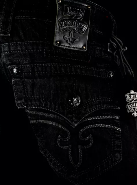 $220 Mens Rock Revival Jeans "Steven" Jet Black Leather Inserts Straight 44 X 32