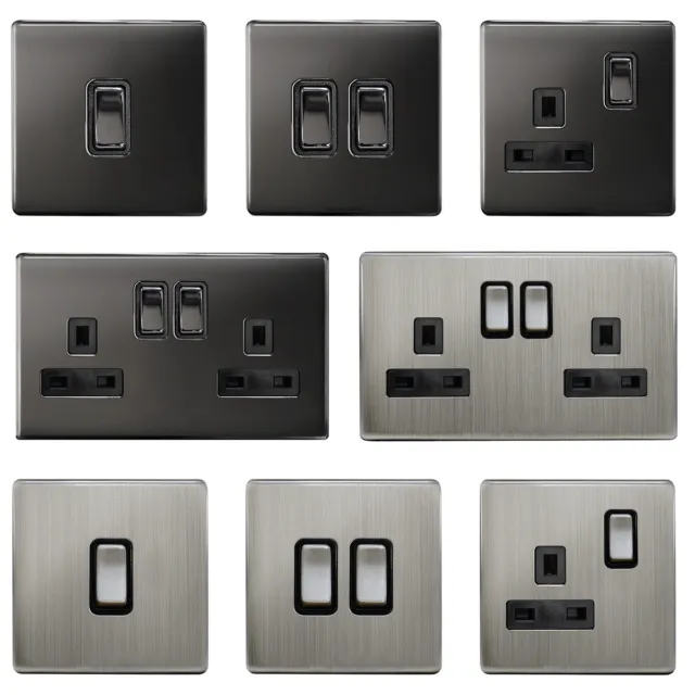 Black Gloss Nickel or Brush Chrome Wall Plate Plug Socket & Switches Slim Flat
