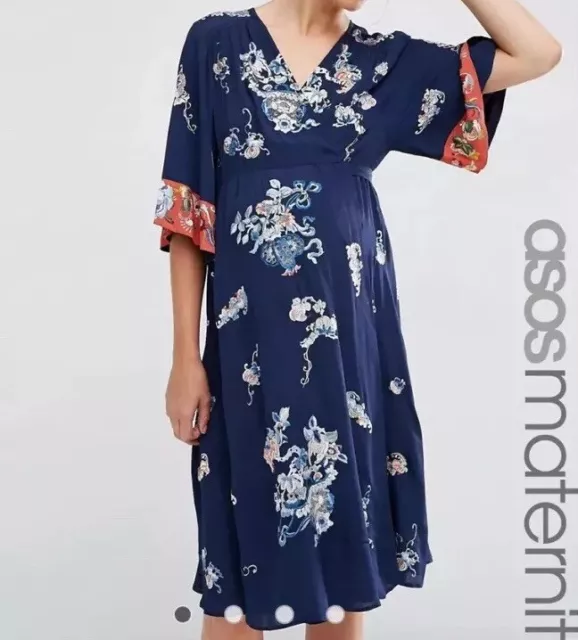 Asos Floral Embroidered Navy Maternity Kimono Wrap Maxi Size 4 Lightweight