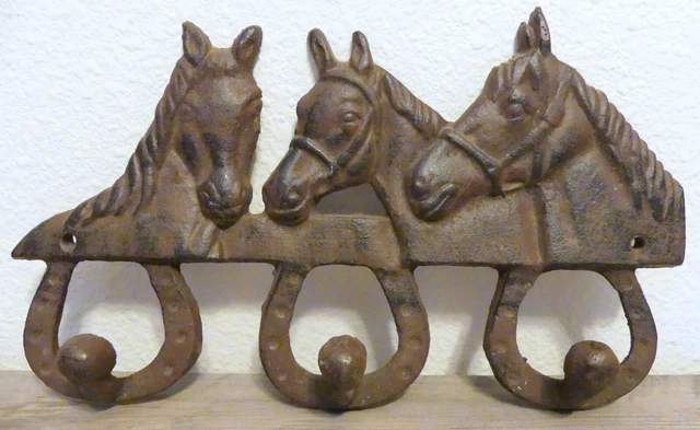 Rustic BROWN BLACK Cast Iron, Metal HORSE COAT Towel HOOK, 6" x 11" w 3 Hooks