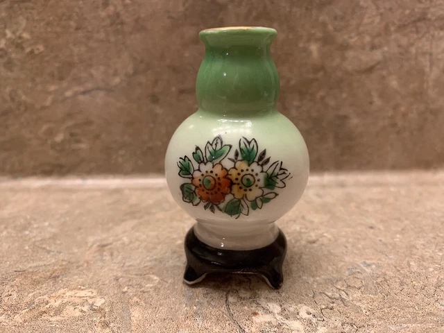 Vintage Vase H KATO Miniature Footed Green Floral Made In Occupied Japan Signed
