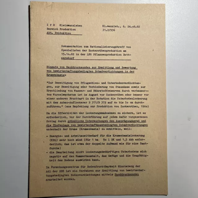 Dokumentation Rationalisierungstreff Zuckerrübenproduktion LPG Bottmersdorf 1982
