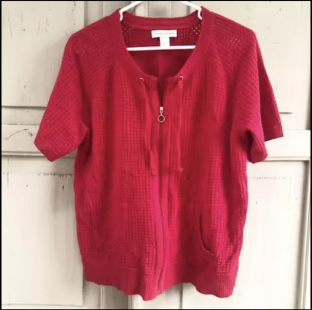 Cj & banks red sweatshirt short sleeve zipper Top Blouse LARGE Spring