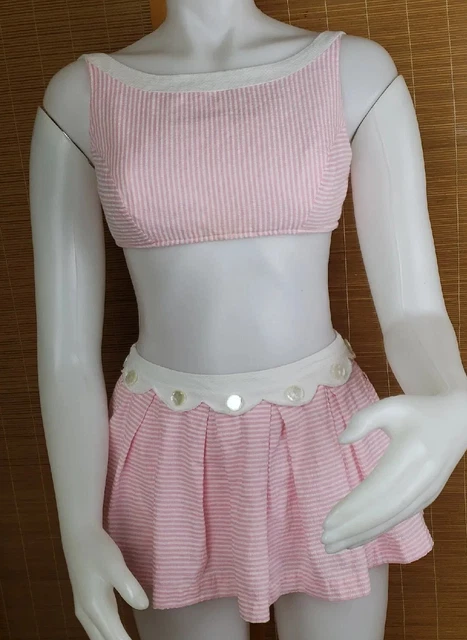 50s Bikini Skirted Pink Stripe Seersucker Swimsuit High Waist Rose Marie Reid