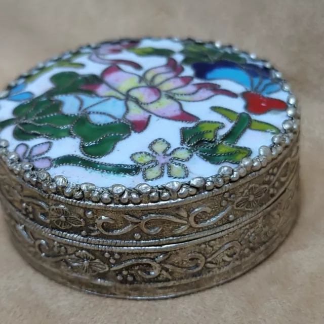 Vintage Cloisonné enamel pill snuff box with flower design and mirror inside VGC