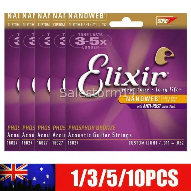 1-10X Elixir 16027 Acoustic Guitar Strings Nanoweb Custom Light 11-52 Bronze NEW