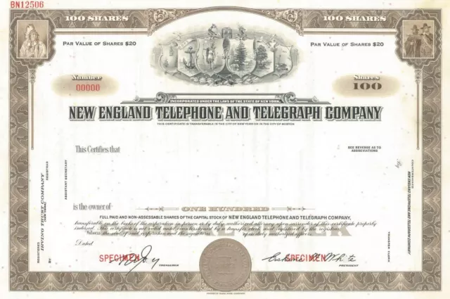 New England Telephone and Telegraph Co. - Specimen Stock Certificate - Specimen