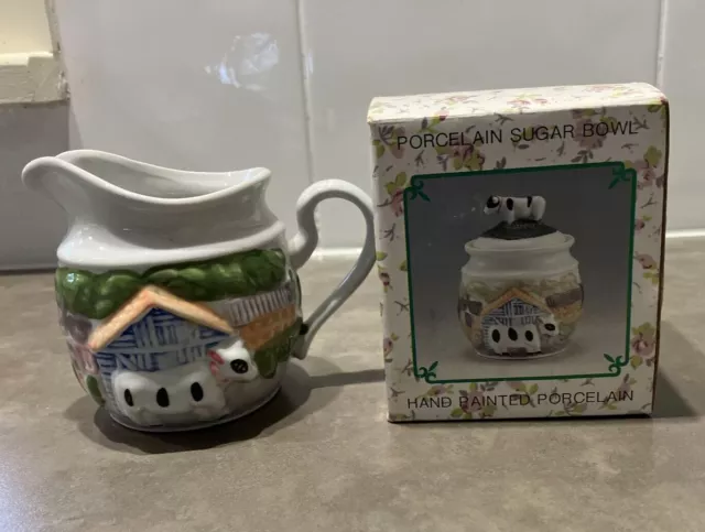 Matching Hand Painted Sugar Bowl and Small Milk Jug With Country/Cow Design