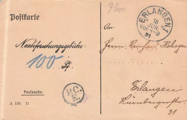 723890) DR Postsache Kt. aus Erlangen zur Erhebung Nachforschungsgebühr 1921