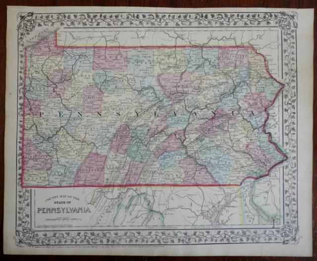 Pennsylvania County map Philadelphia Pittsburg Erie Scranton 1867-9 Mitchell map
