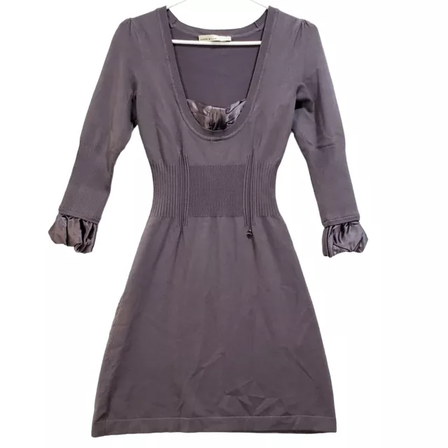 Karen Millen Knit Dress Size S Gray Fit and Flare Silk Trim 3/4 Sleeve Mini