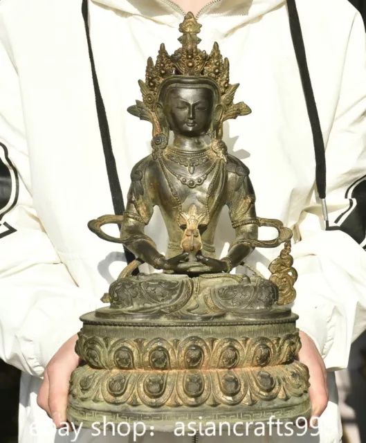 14.4" Altetibetische Buddhismus Kupfer Amitayus Langlebigkeit Gott Göttin Statue