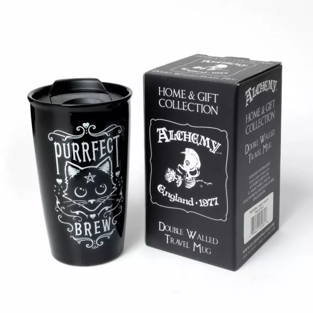 Purrfect Brew Double Wall 12oz Ceramic Travel Mug, Alchemy Gothic Cats Halloween